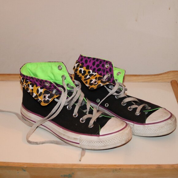 Converse Double Flap Leopard Black Purple Lime Green Women 8 Chuck Taylor Shoe - Picture 4 of 8
